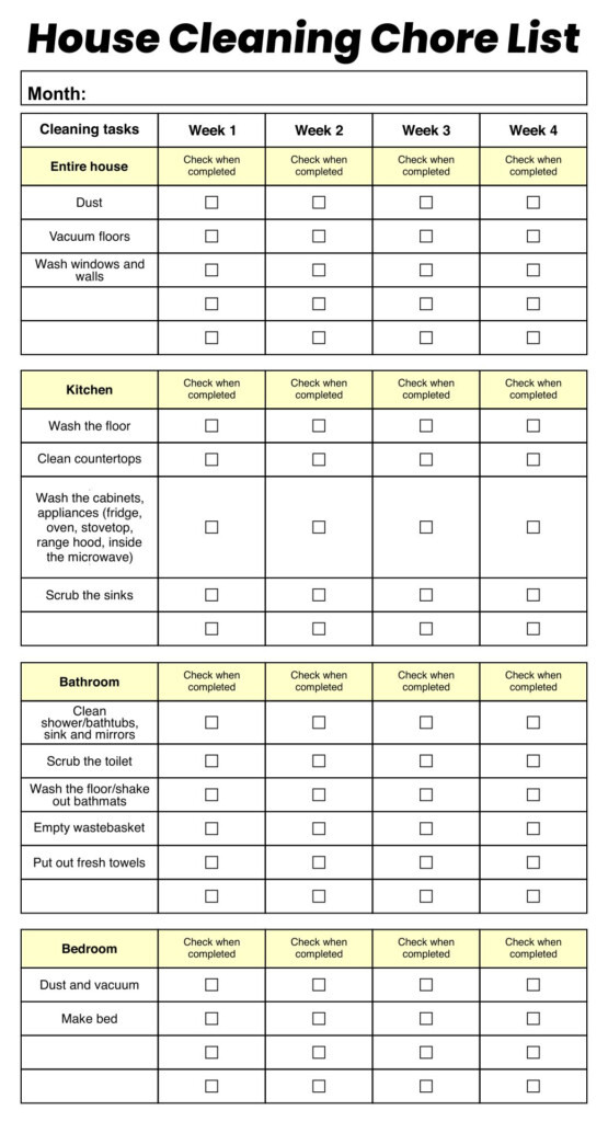10 Best Printable House Cleaning Charts Printablee